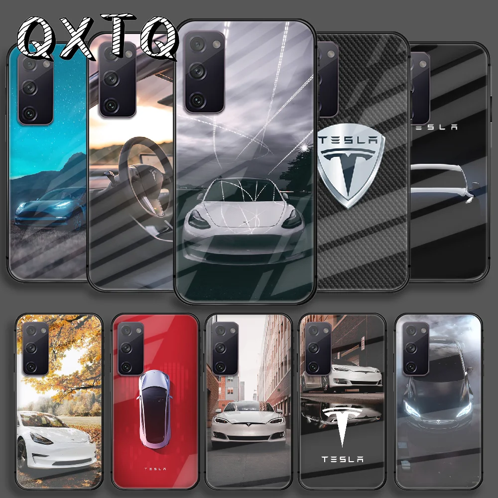 

Car Tesla Model S 3 Y Tempered Glass Phone Case For Samsung Galaxy Note S 8 9 10 20 21 E Plus Ultra M 31 51 FE Cover Cell Coque