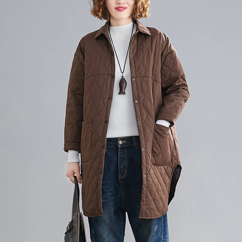 Autumn Winter Cotton Jacket Parkas Oversize Mid-length Irregular Hem Plaid Quilted Women Fashion Big Pocket Casual Jackets 2023