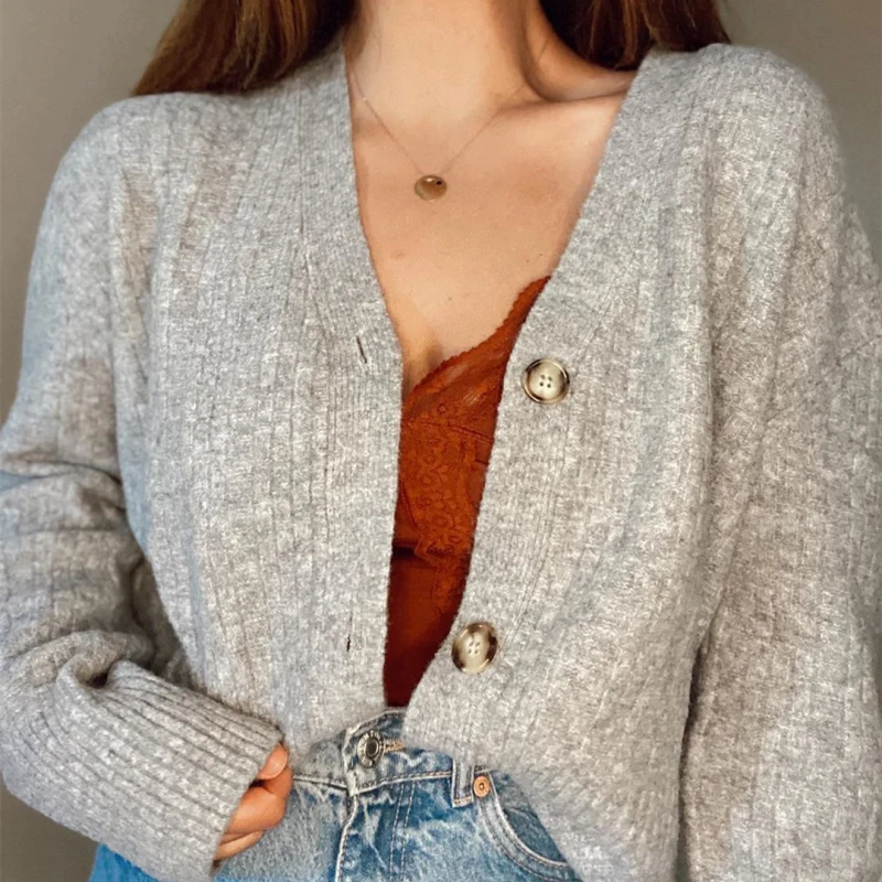 Vogue Casual Woman Oversized Solid Color Knitted Cardigan Pop Fashion Ladies Autumn Loose V Neck Sweater Female Elegant Knitwear