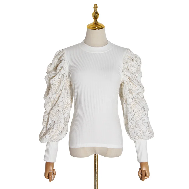 

Women's Knitted Shirt Jacket Embroidered Hollow Bubble Long Sleeve Crewneck High Stretch Slim Sweater Women
