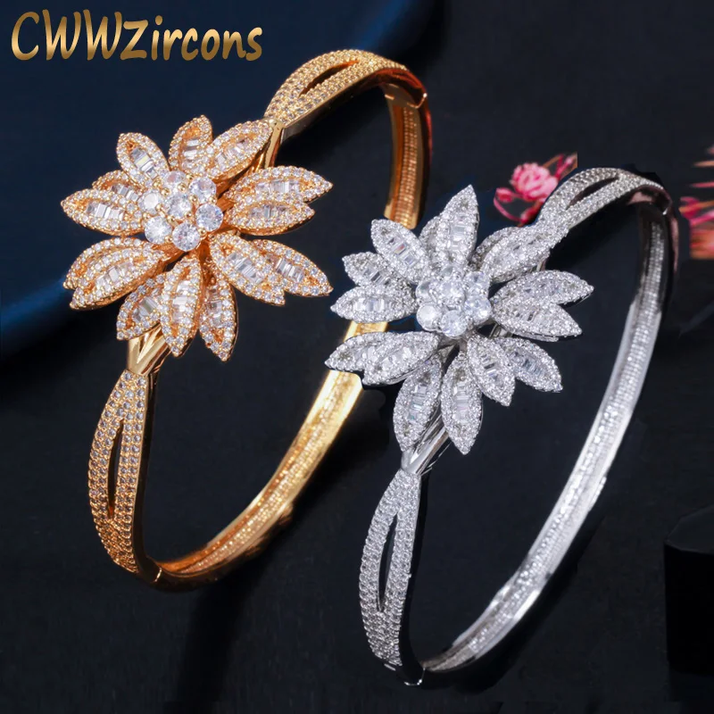 

CWWZircons Luxury Cubic Zirconia Pave Big Geometric Leaf Flower Gold Plated Bangle for Women Naija Wedding Party Jewelry BG038