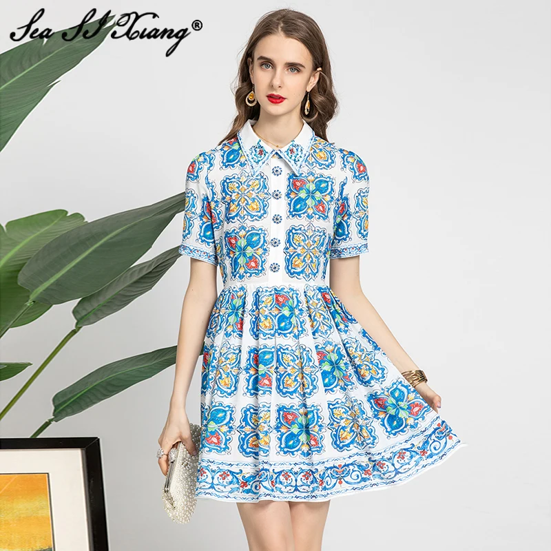 

Seasixiang Fashion Designer Summer Dress Women Beading Turn-down Collar Crystal Button Vintage Print Short Dresses 2021 New