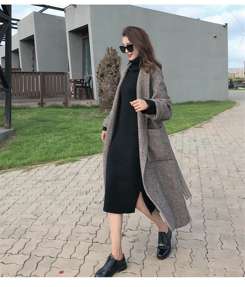 BGTEEVER, винтажное, свободное, утолщенное, теплое, шерстяное пальто для женщин,, с отворотом, полный рукав, карманы, с поясом, зимнее пальто, женское, длинное пальто