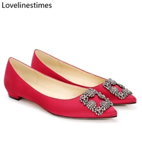 red satin cloth flats shoes woman basic 2022 fashion rhinestones crystal diamond buckle flat fashion bridal shoes women shoes