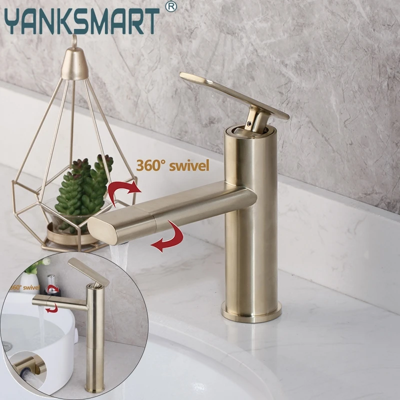 

YANKSMART Brushed Gold Faucet Bathroom Sink Vessel 360 Swivel Sprayer Deck Mounted Brass Single Handle Tall or Short Basin Taps
