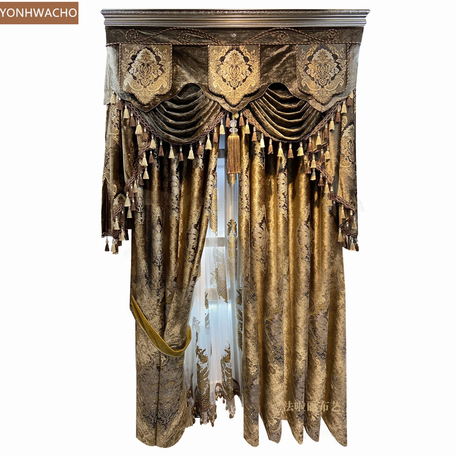 

Занавески на заказ, европейские Роскошные, атмосферные, кофейные, американские дворцовые, бархатные, тканевые, затемняющие шторы, балдахины, Тюлевая панель C529