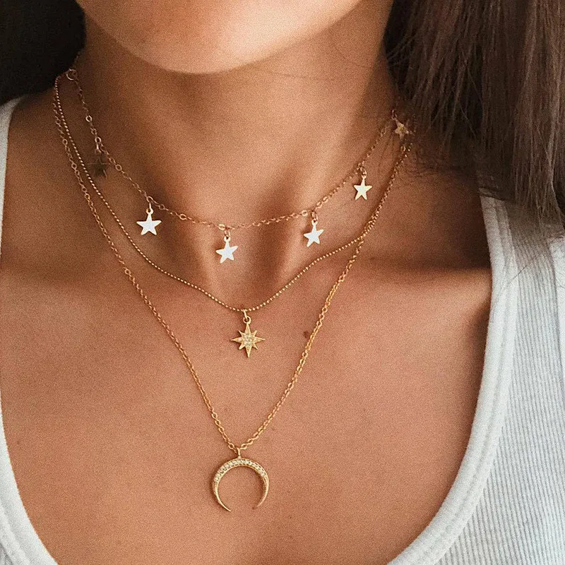 

Fashion Multilayer Necklace Moon Star Pendant Golden Women Necklace Chocker Jewlery Link Chain Collares Trendy Gift