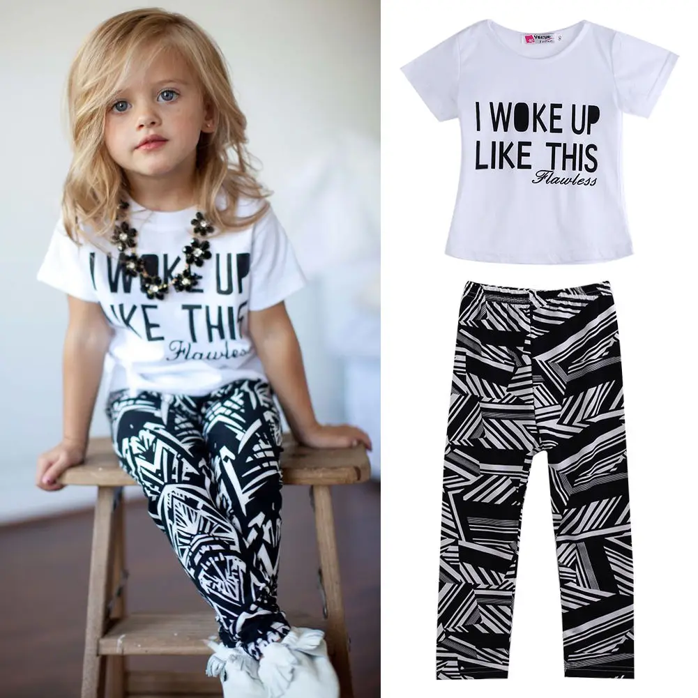 

Fashion Infant Toddler Kids Girls I Woke Up Like This White Casual Tops T Shirt Pants Outfits Set 2-8Y 2pcs Sets