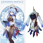 Лидер продаж, Аниме игра геншин ударт, косплей, ганью, костюм для вечеринки, платье с париком, женский белый, синий костюм, платье на Хэллоуин, рога, полный комплект