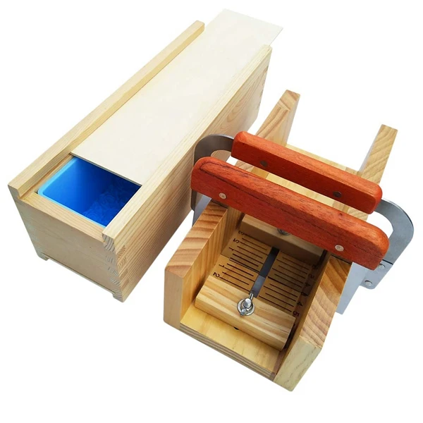 

Soap Loaf Cutting Making Molds Wooden Kit with Rose Silicone Mold + Wood Box + Adjustable Cutter Mold + 2 Pcs Straight Wavy Stai
