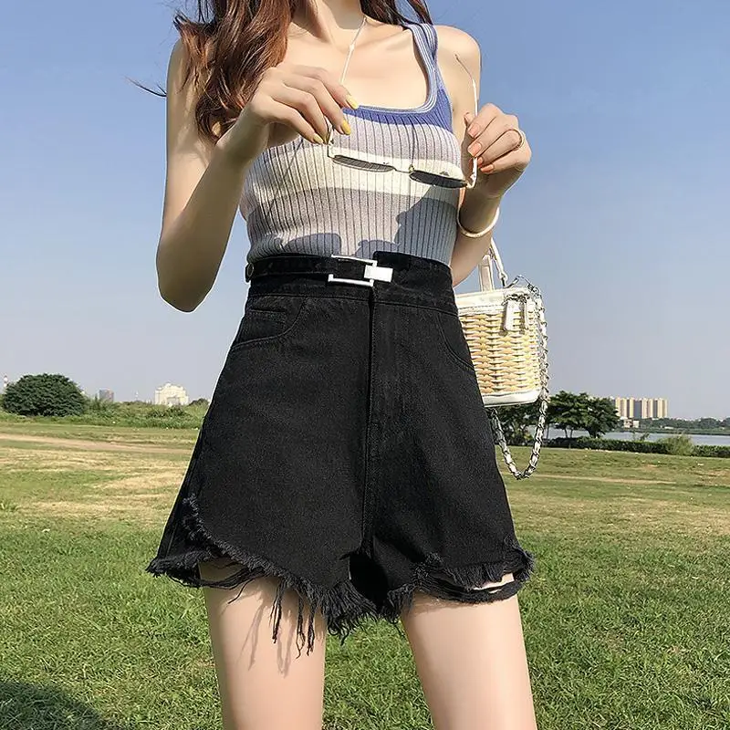 

Net red denim shorts women's summer 2021 thin super high waist hole loose wide leg A-line elegant hot pants