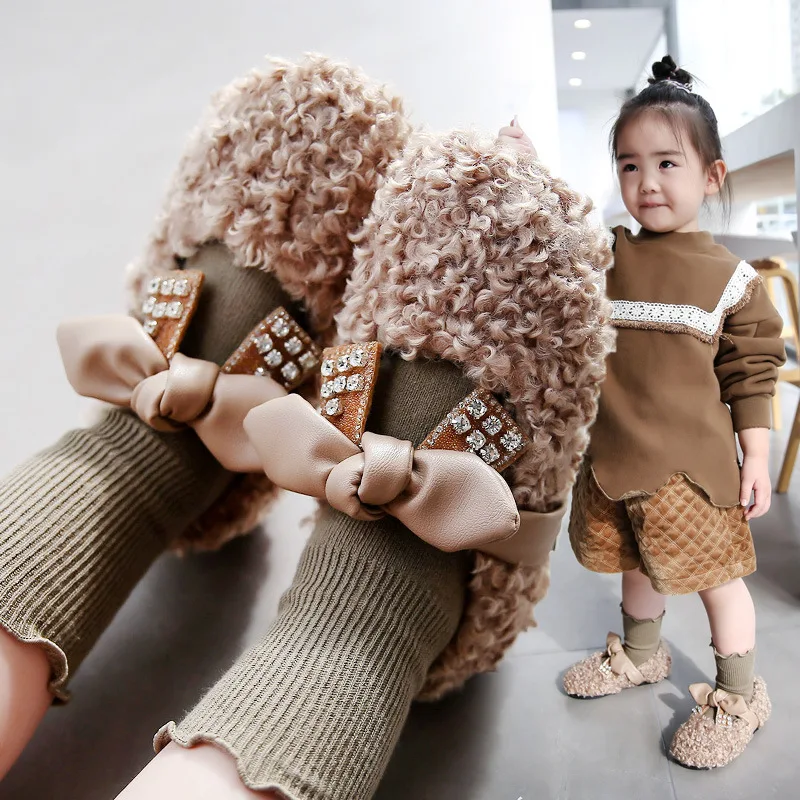 

Children 's Cotton Shoes 2020 Winter New Girls' Fleece Rhinestone Bow Baby Princess Lamb Velvet Cute Tods