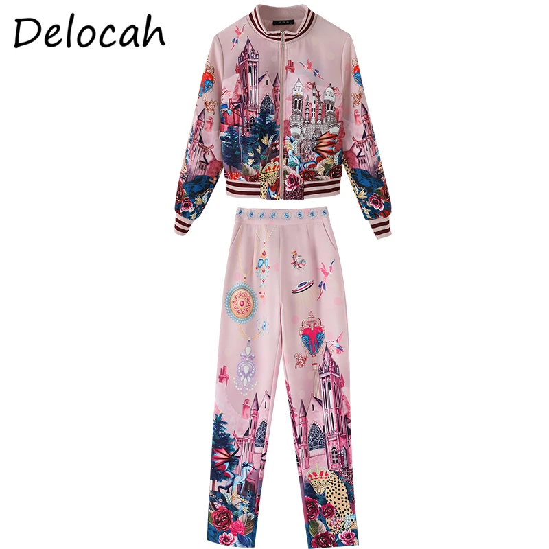 

Delocah Women Summer Fashion DesignerPants Set Lantern Sleeve Loose Tops + High Waist Printed Long Pants 2 TwoPiecesSuits