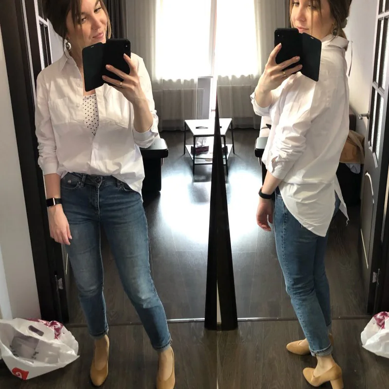 5XL Повседневная женская свободная рубашка с отложным воротником с длинным рукавом с карманами Белые рубашки Мужские топы Большой размер Camisas Femininas