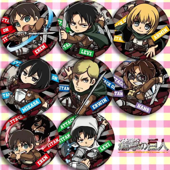 

8pcs/1lot Anime Attack on Titan Levi·Ackerman Eren Armin Mikasa Figure 5108 Badges Round Brooch Pin Gifts Kids Toy