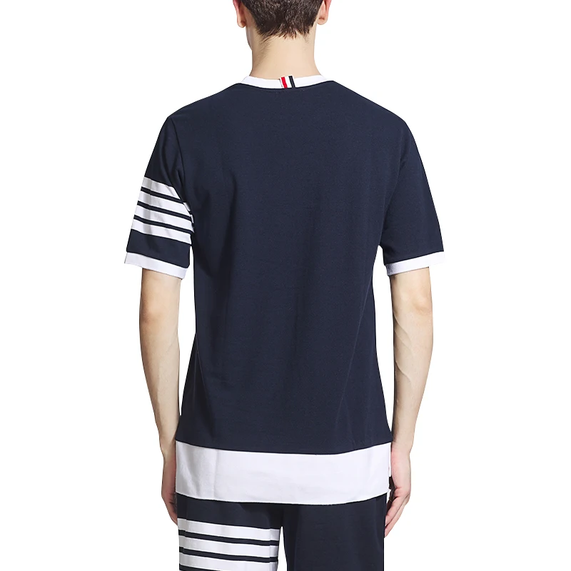 

THOM 2021 TB Fashion Brand T-shirt O-neck Collar Solid Patchwork Short-sleeved T-shirt Men Cotton Striped Casual Summer Clothing