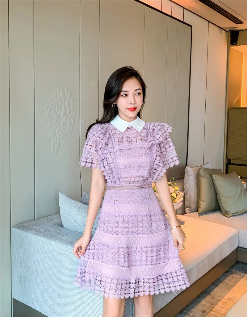 Женское Сетчатое платье в стиле пэчворк модельное ажурное с отложным воротником