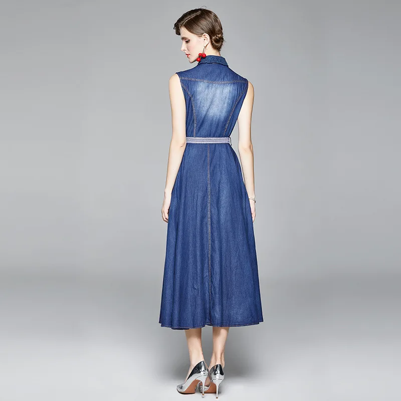 

2020 Autumn New Denim Dress Womens Fashion Blue Jean Single-Breasted Sleeveless Dress Female Pleated Denim Dress