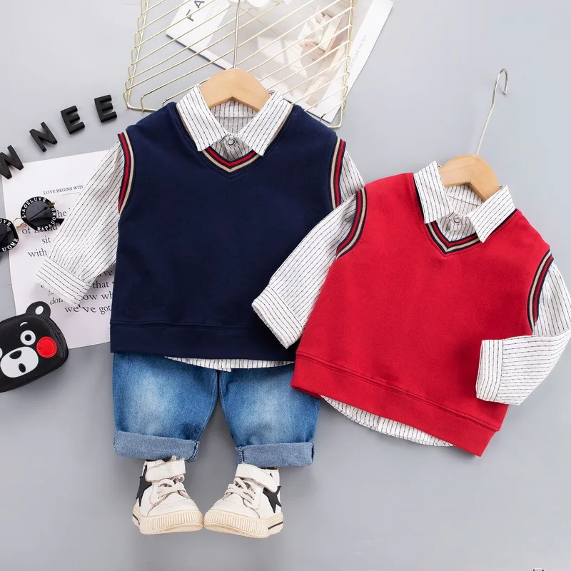 

Spring Autumn Toddler Infant Clothing Sets Baby Boys Solid Vest+Striped Shirt +Pants Children Fashion Handsome Clothes Outfit
