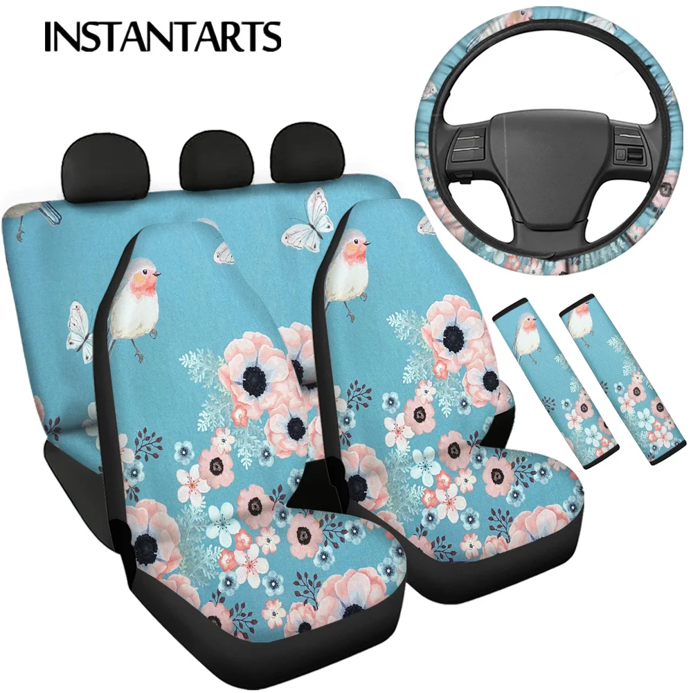 

INSTANTARTS Bird with Flowers Design Comfortable Front and Back Car Seat Covers Universal Steering Wheel Cover Seatbelt Covers