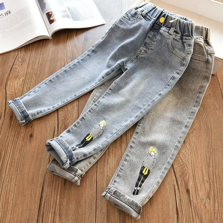 Детские джинсы с принтом для девочек повседневные свободные брюки из денима