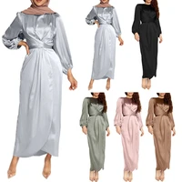 women arab muslim satin puff long sleeve maxi dress solid color wrap front self tie abaya dubai turkey hijab robe kaftan