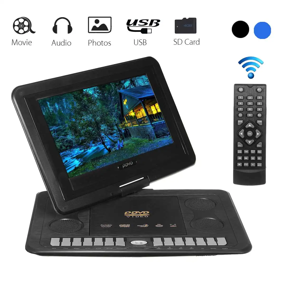Черный 270 Вращение 13,8 дюймов портативный HD tv домашний автомобильный dvd-плеер VCD CD MP3 MP4 перезаряжаемый автомобильный dvd-плеер мультимедийный игровой плеер - Цвет: Черный