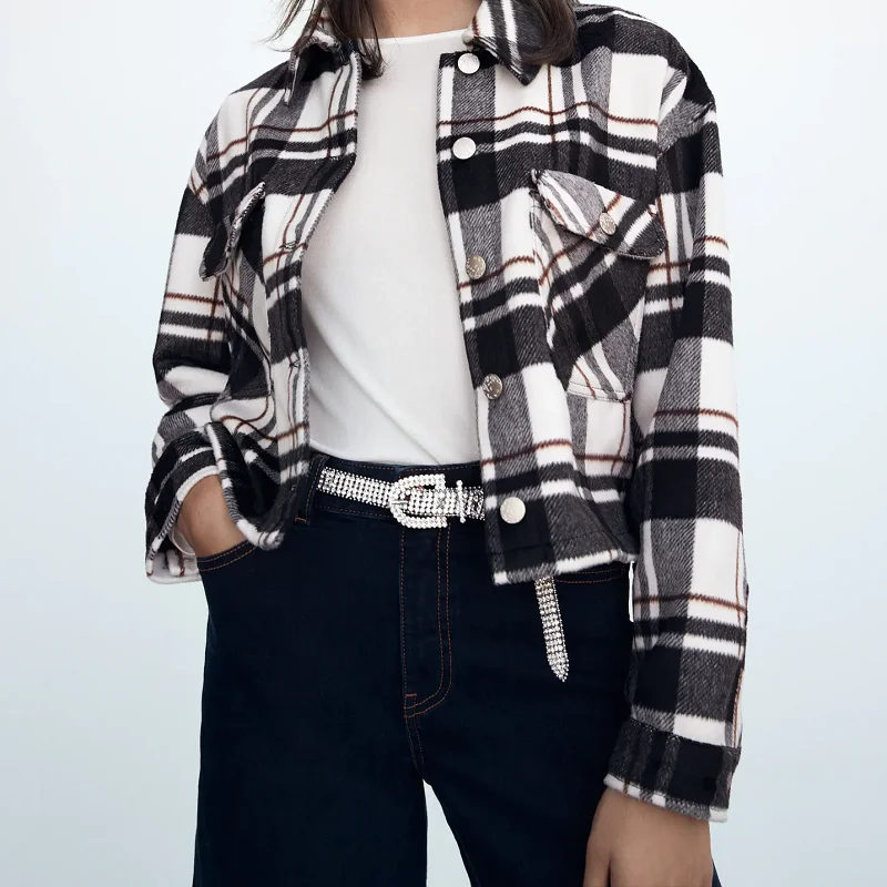 

MESTTRAF Women 2021 Fashion Plaid Single-breasted Jacket Retro Long Sleeve Lapel Double Pocket Outerwear Streetwear