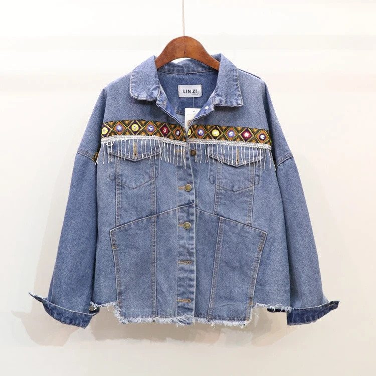 Женская джинсовая куртка Осеннее винтажное Свободное пальто в этническом стиле