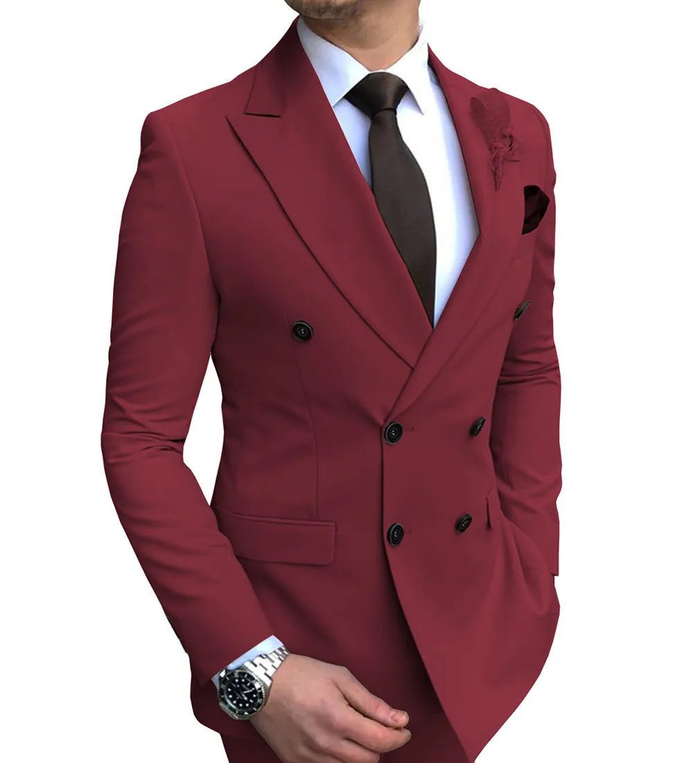 burgundy Новинка, 1 шт., Мужской Блейзер, пиджак, приталенный, двубортный, с отворотом, пиджак для свадьбы, жениха - Цвет: burgundy