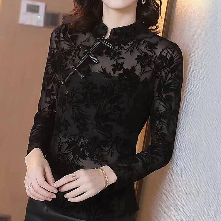 Fleece lace  shirt women 2021 autumn and winter new Korean slim Chinese style tops women flocking T-shirts  sexy blouse