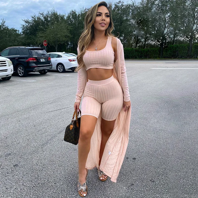 

FMZXG Solid Color Vest T Shirt High Waist Slim Shorts Long Sleeve Cloak Three Piece Suit Women Casual Sportswear HP128