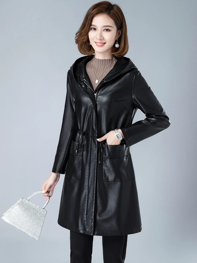 New Women Sheepskin Coat Spring Autumn 2022 Casual Fashion Solid Color Hooded Zipper Drawstring Slim Sheep Leather Trench Coat