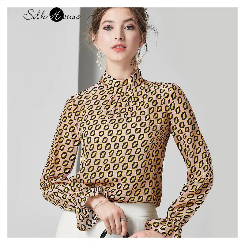 Элегантная Шелковая Рубашка из крепдешина с рукавами колокольчиками и