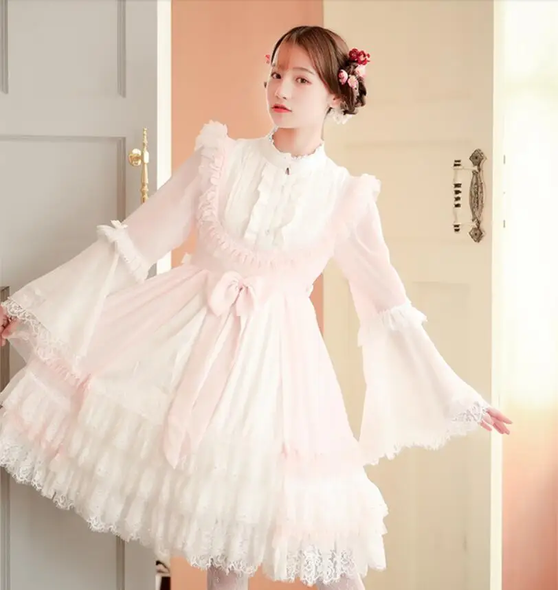 

Женское платье принцессы loli, косплей, Готическая Лолита op, милое платье лолиты со стоячим кружевом, бантом, высокой талией, расклешенными рукавами и жемчугом, кавайное платье