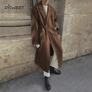 Винтажное однотонное утепленное шерстяное пальто, мужское корейское Длинное свободное шерстяное пальто, Мужская простая приталенная теплая куртка с поясом для мальчиков 2021
