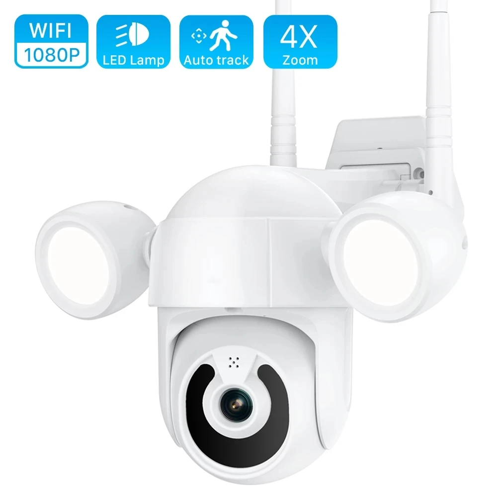 

Floodlight Camera 1080P HD Outdoor Security IP Camera 2MP Auto Tracking P2P WiFi PTZ Camera Waterproof 30M IR Color Night Vision