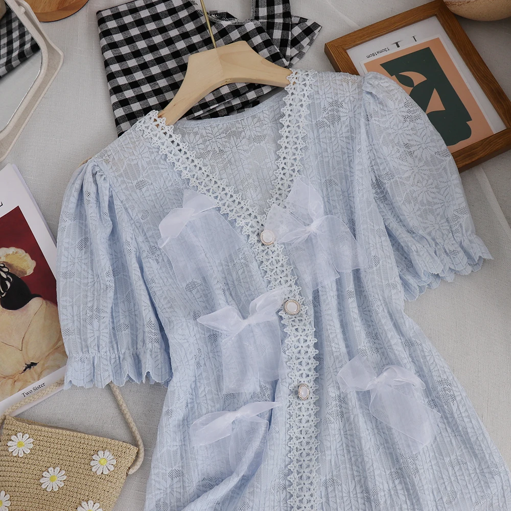 

Sweet Girl Fashion Women Lace V-neck Short Flare Sleeve Shirt Summer 2021 New Bow Single-breasted All-match Top