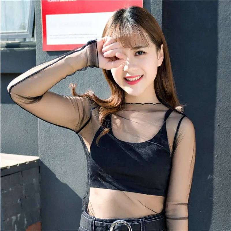 Женский прозрачный сетчатый топ в горошек Черный Уличный с длинными рукавами