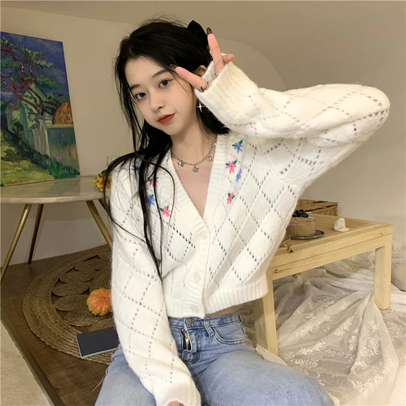 

Knitted V-Neck Cardigans Sweater Women Clothing Spring Autumn Crop Tops Japan Style Fashion Female Flower Print Cardigans New