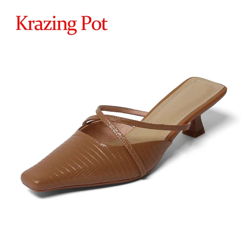 

lenkisen genuine leather med heels square toe daily wear high street fashion cozy solid young lady slip on sandals women L89