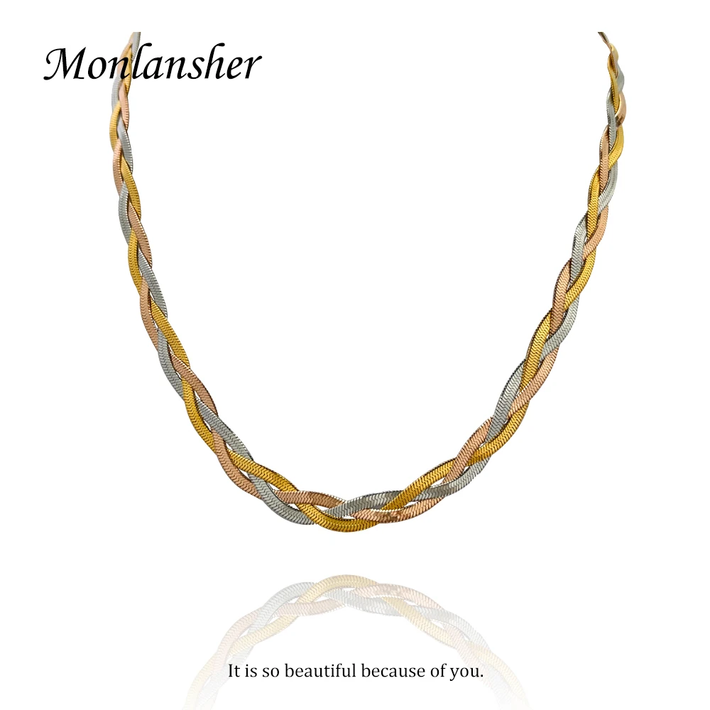 Monlansher 3-strand Braid Chain Necklace 3 Color Titanium Steel Snake Chain Plaited Necklace for Women Trendy Necklaces Jewelry trendy never fade titanium steel snake chain choker necklace for women