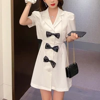 elegant notched shorts sleeve young girl new 2021 summer dress new bow tie sexy back waistless suit white black dress 822h