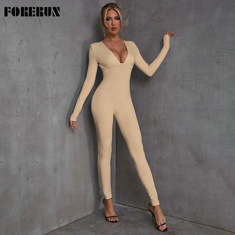 

FORERUN Jumpsuit for Fitness Sexy Deep V Neck Solid Long Sleeve Basic Bodycon Activity Overalls Combinaison Femme Sales