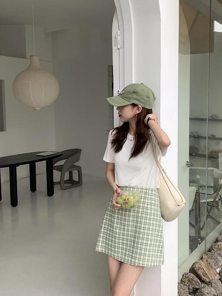 

SAYTHEN 2021 New Designer Spring And Summer Lady High Waist Buttocks A-Line Mini Sweet Contrast grid Short Skirt