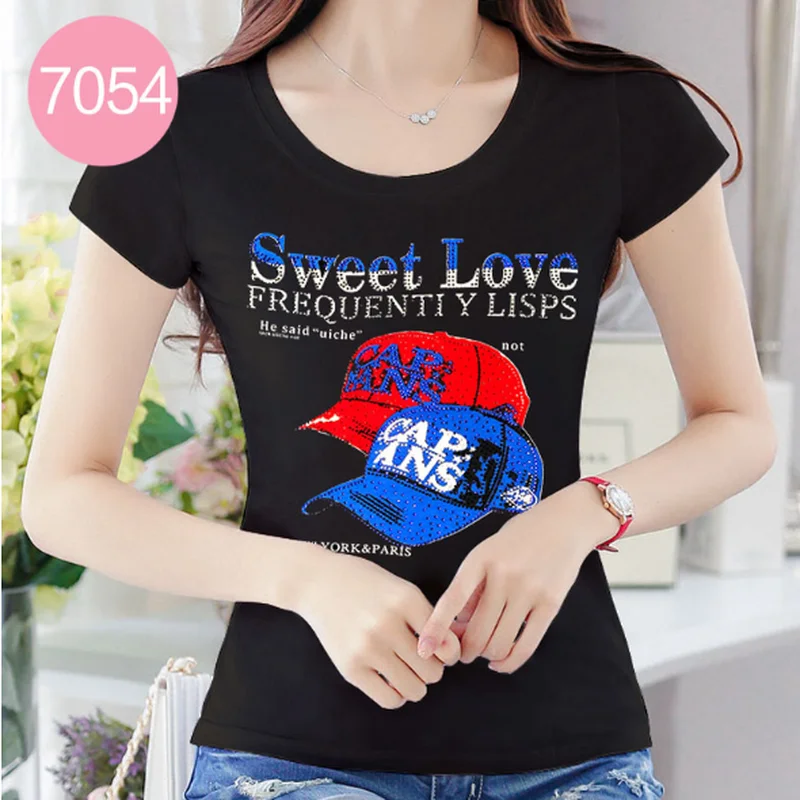 Женская футболка Стразы с красными губами коротким рукавом 2019 Новые летние топы