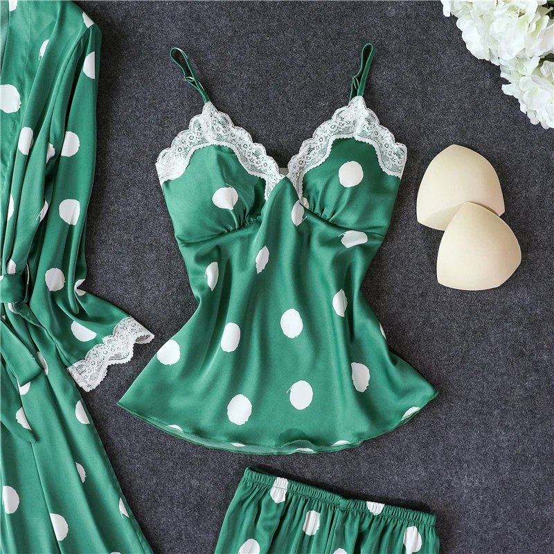 

Green pajamas four-piece women's spring summer sexy suit with chest pad straps nightdress ice silk robe set thin pajamas