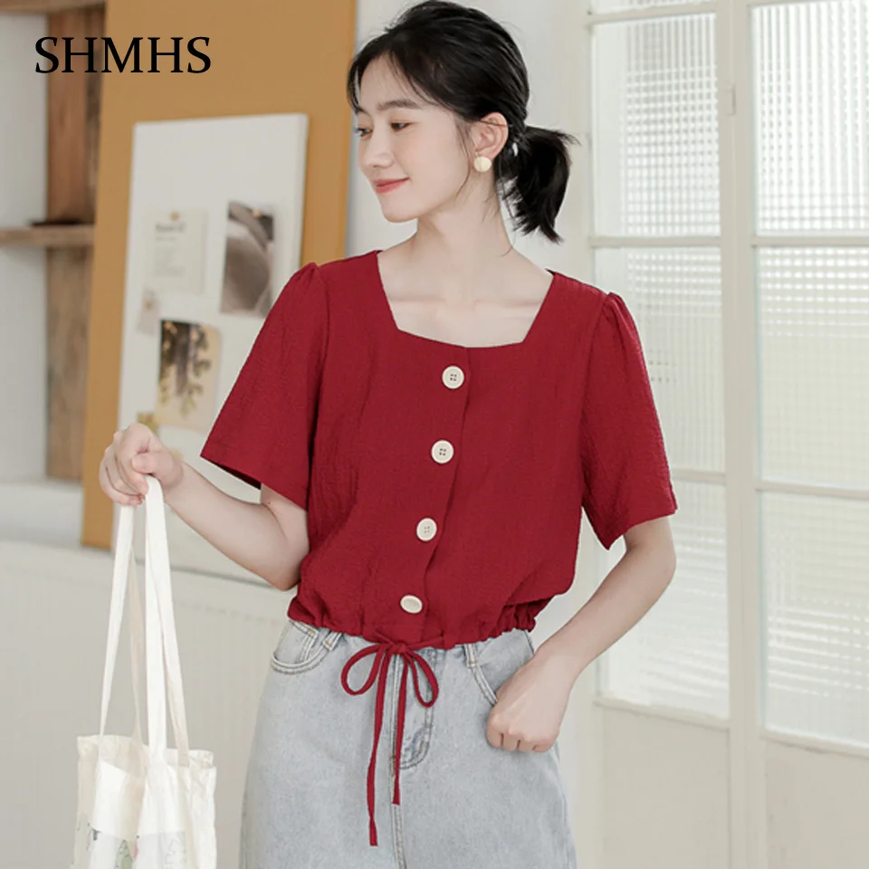 

Simple High Street Blouse 2020 Summer Wine Red Color Square Collar Single-Breasted Hem Tether Elegant Party Women's Shirts