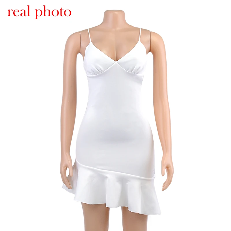 

Sexy White Spaghetti Straps Ruffles Mini Dress Women Club Party Elegant Sleeveless Slip Women's Summer Sundress Outfits Holiday