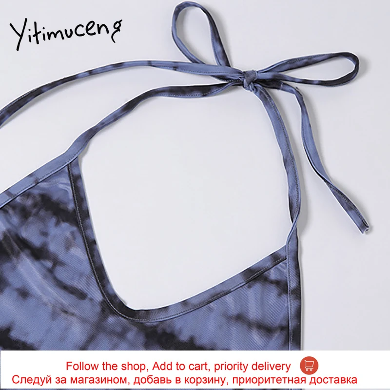 

Yitimuceng Side Split Dress Tank Tops Dresses Woman Lace Up Backless Sexy Club Summer 2021 Fashion New Shirring Print Blue Dress
